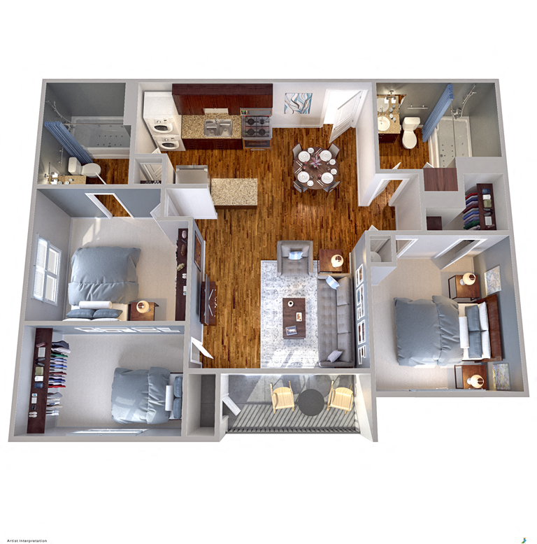 Floor plan for 3 beds, 2 baths, 1053 sqft